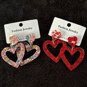 Fashion Jewelry Glitter Heart Earrings - Multicolor and Red